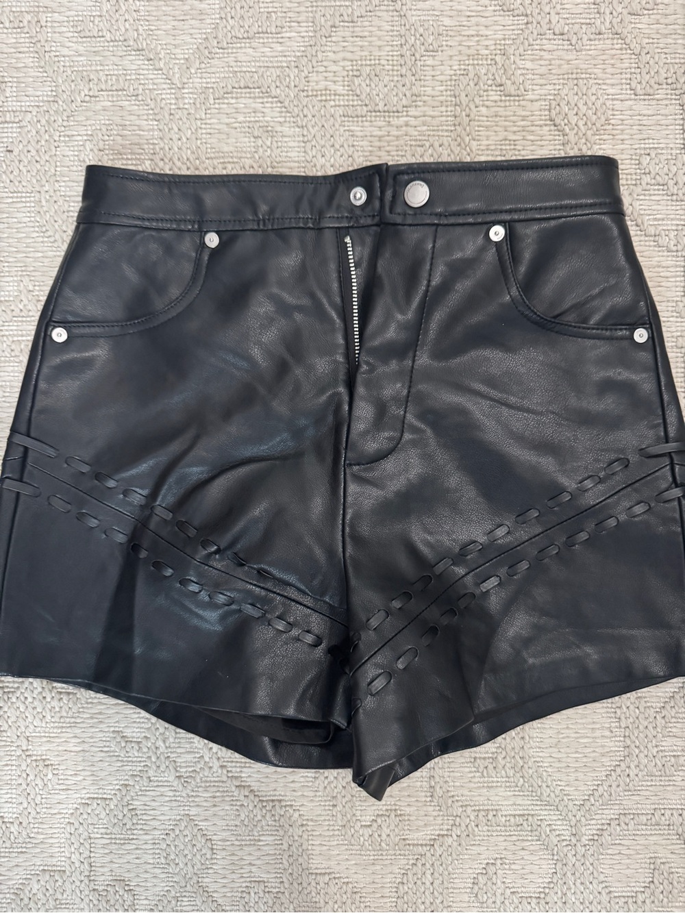 Blank NYC Black Faux Leather High Waist Shorts with Decorative Cutouts